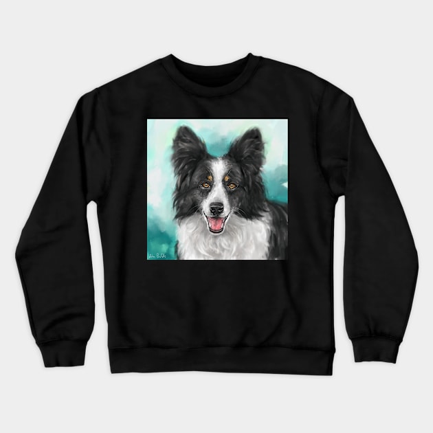 Painting of a Smiling Black and White Border Collie Dog on a Turquoise Background Crewneck Sweatshirt by ibadishi